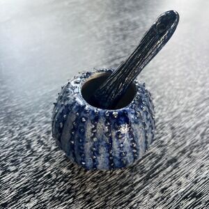 Handmade Sea Urchin pottery sugar bowl and‎ spoon